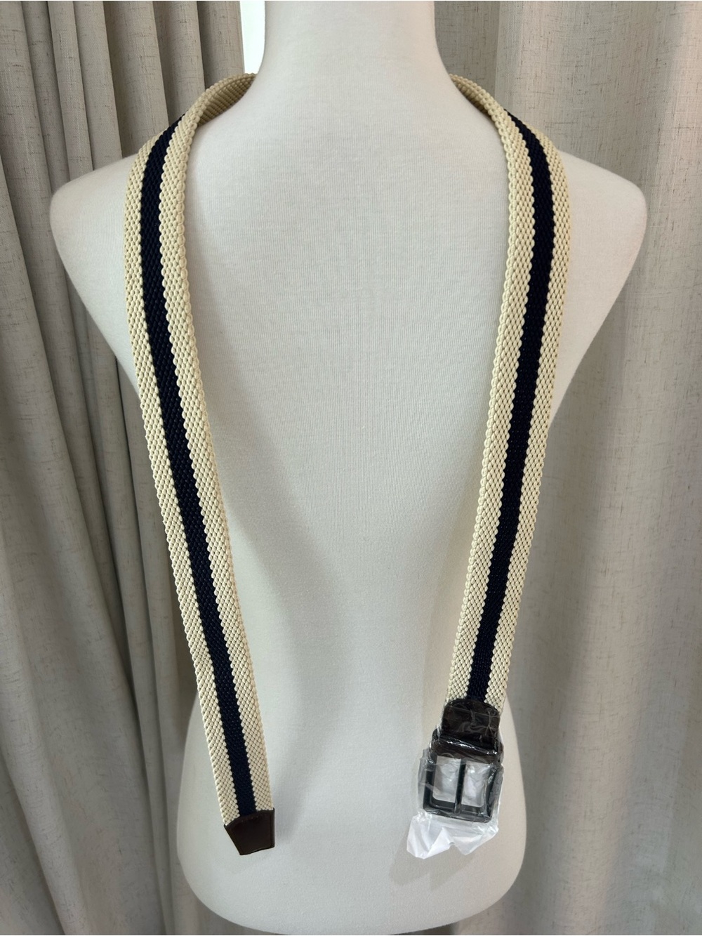Boston Scott Golf Performance Woven Flex Belt Men’s Cream Blue Stripe Brown NWOT